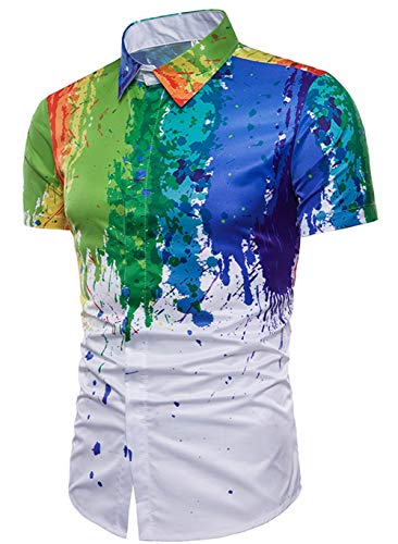 Camisa de Hombre Moda Juvenil Moda Clásica Tinta de Salpicadura Pintura Color Camisa de Manga Corta Camisa Sencilla Salvaje,White,M