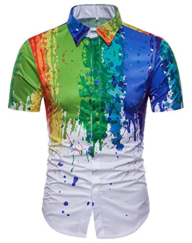 Camisa de Hombre Moda Juvenil Moda Clásica Tinta de Salpicadura Pintura Color Camisa de Manga Corta Camisa Sencilla Salvaje,White,M