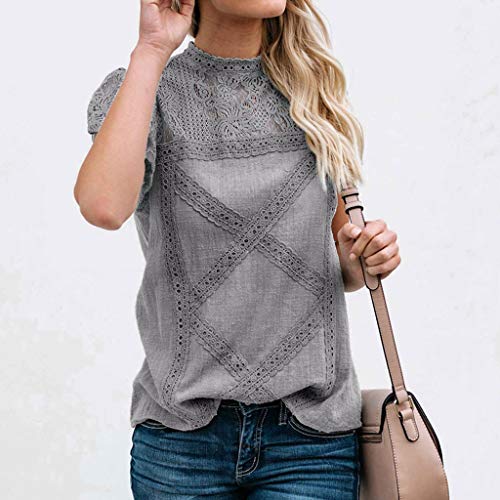 Camisetas Mujer SHOBDW Dia de la Mujer Verano Patchwork De Encaje Casual Ahuecar Volantes Manga Corta Suéter De Cuello De Tortuga Linda Blusa Floral Camiseta Blanca para Mujer (S, Gris)