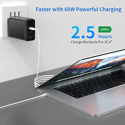 Cargador de Pared USB C, Rocketek 60W Type C PD Cargador rápido de 3 Puertos con Adaptador de Enchufe EU UK US Compatible para iPhone 11/Pro/X/XR/XS/MAX,iPad Pro,Mac Book Pro/Air,Galaxy,Pixel,Android