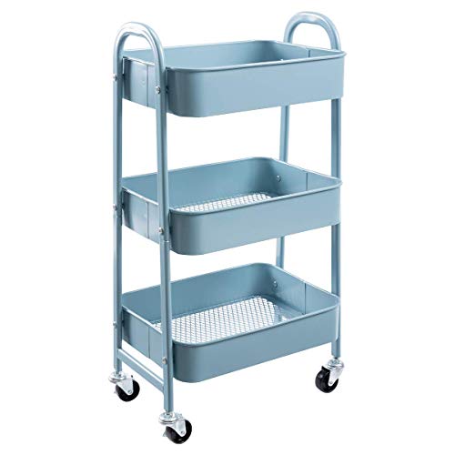 Carro de Almacenamiento Carro de Servicios Metálicos de 3 Niveles Carro rodante Carro Organizador con Ruedas para Cocina Maquillaje Baño Oficina, Gris Azul