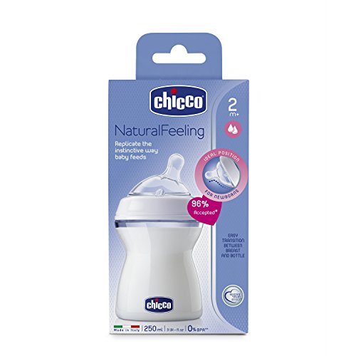 Chicco NaturalFeeling - Biberón con tetina inclinada anticólicos y flujo medio para bebé de 2m+, 250 ml