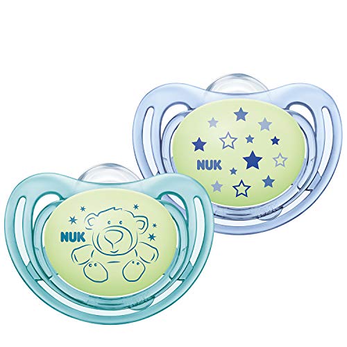 Chupete Night de NUK Freestyle Night con efecto luminoso, de silicona, 6 – 18 meses, forma adecuada para la mandíbula, verde y azul, 2 unidades