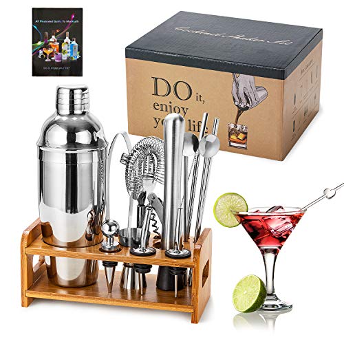 Coctelera Para Cócteles, Set De Coctelera De 15 piezas De 750 ml Juego De Herramientas De Barra De 304 Acero Inoxidable Juego De Bartender Con Soporte De Exhibición De Madera