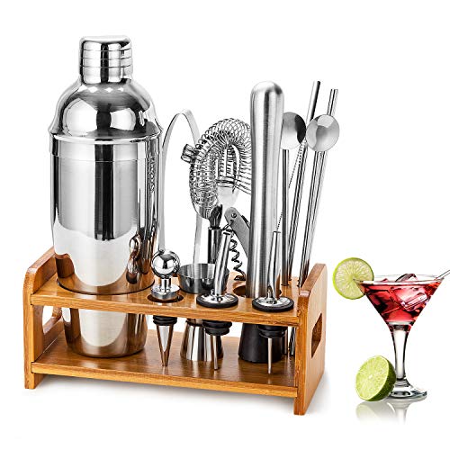 Coctelera Para Cócteles, Set De Coctelera De 15 piezas De 750 ml Juego De Herramientas De Barra De 304 Acero Inoxidable Juego De Bartender Con Soporte De Exhibición De Madera