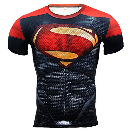 COJETER Hombres Gimnasio Rojo Negro Super Man Rutina de Ejercicio Mecha Aptitud Manga Corta Superhéroes Deporte Camiseta