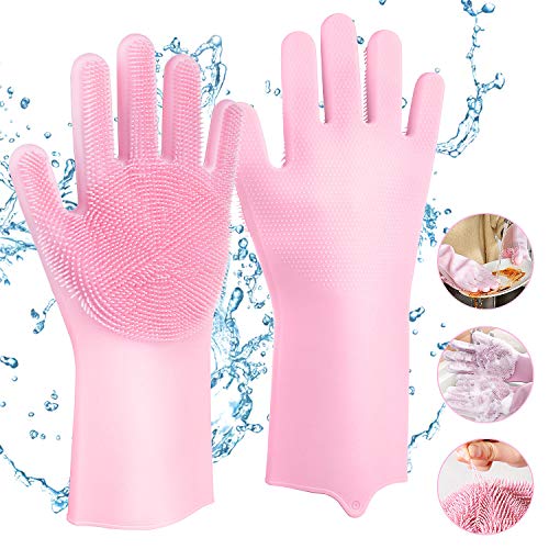 Comius Sharp Guantes de Silicona Mágicos, Guantes para Lavar Platos con Cepillo Limpieza de Lavado Resistente al Calor, Reutilizable Guantes de Goma para Lavar Platos, Cocina, Coche, Baño (Pink)