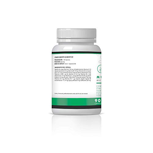 Completo Complejo Multivitamínico + Minerales | Vitamina C, E, B3, B5, A, B6, B2, B1, D9, D3, Zinc, Hierro, Yodo y Potasio | Protege y fortalece tu Sistema Inmune | Aporta Energía y Vitalidad | 90U.