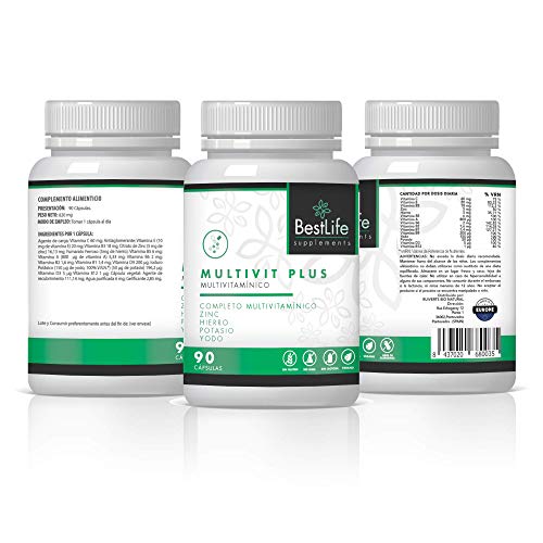 Completo Complejo Multivitamínico + Minerales | Vitamina C, E, B3, B5, A, B6, B2, B1, D9, D3, Zinc, Hierro, Yodo y Potasio | Protege y fortalece tu Sistema Inmune | Aporta Energía y Vitalidad | 90U.