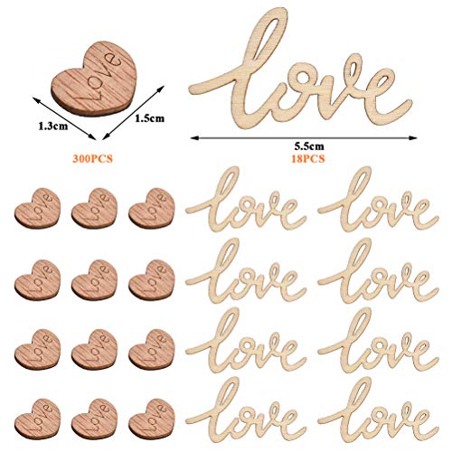 Corazones Manualidades Madera Natural 300PCS, Love Letras Madera 18PCS, Rebanadas Madera Corazón Adornos 12*10mm, Decoración Pared de Madera Love 55*32mm, Adornos para Bodas Navidad Scrapbooking DIY