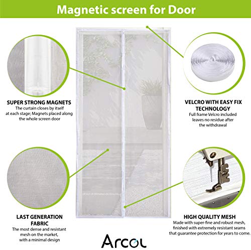 Cortina Mosquitera Magnética Para Puertas - Malla de Fibra Impenetrable Súper Resistente, 100x220 cm, Con Diseño Minimalista, Totalmente Magnética, Cierre Automático, Blanca by ARCOL