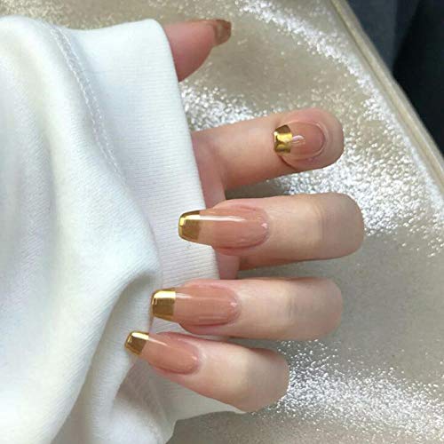 CSCH Uñas postizas 24 piezas/juego de uñas postizas con borde dorado largo extraíble Esmalte de uñas francés de color con nailart en las uñas para herramientas de uñas