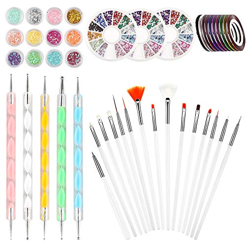 Dadabig Kit Decoracion Uñas Incluye 15pcs Pincel Uñas 5pcs Bolígrafo para Uñas 3 Cajas Piedras Uñas 10pcs Cinta de Uñas y 12 Cajas Lentejuelas de Uñas, Arte de Uña para Chicas y Mujeres (total 45pcs)