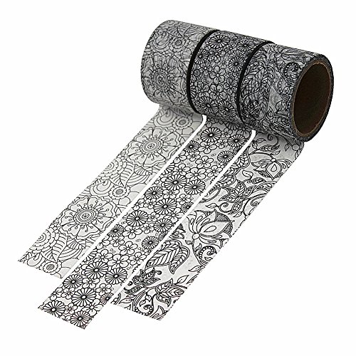 Dawnzen® Cinta de Papel Washi Cinta Adhesiva Decorativa para Decoración DIY Scrapbooking Craft Embalaje de Regalo, 3 Rolls 30mm x 5m, Gris Patrón Flores Planta