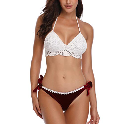 Ddl Bikini para Mujer Conjunto Cintura Alta Dividir Traje de baño Tejido Sexy Hecho a Mano de Punto de Ganchillo Caderas Corbata Atado con Cuello en v Halter Verano Playa Traje de baño,M