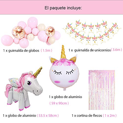 Decoración Cumpleaños de Unicornio para Fiesta de Niña-Guirnalda de Globos, Pancarta Feliz Cumpleaños, Cortina de Flecos, Globos de Aluminio y Globos de Látex con Confeti