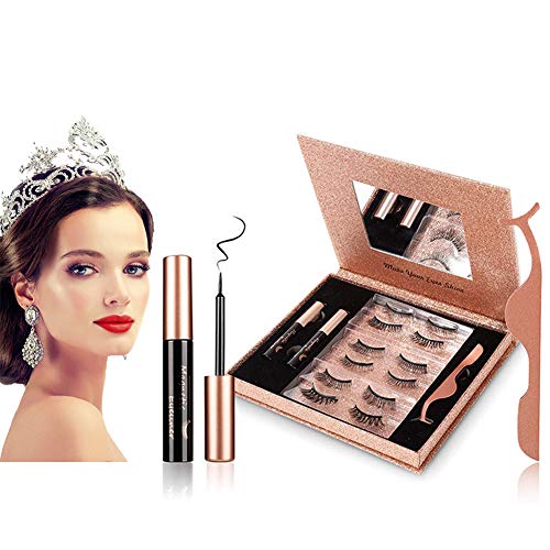 Delineador De Pestañas Magnético, Elegante 5D Magnético Natural Y Encantador Look Sin Pegamento Reutilizable Impermeable 6 Style Eye Lash y 2 Piezas Eye Liner Set W/Tweezer Para Mujer Niña