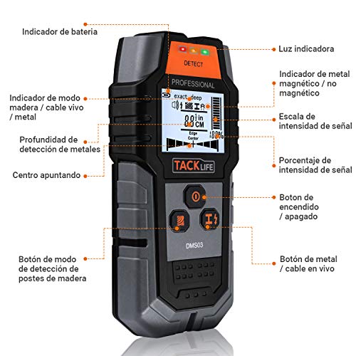 Detector de Pared, Tacklife DMS03 Detector de Metal, Madera y AC Cable, Escáner de Pared Clásico y Multifuncional, Retroiluminación LCD, Indicación de Distancia, Batería Incluida, Lleva una Bolsa