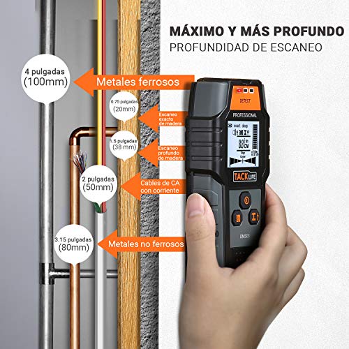 Detector de Pared, Tacklife DMS03 Detector de Metal, Madera y AC Cable, Escáner de Pared Clásico y Multifuncional, Retroiluminación LCD, Indicación de Distancia, Batería Incluida, Lleva una Bolsa