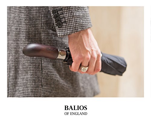 (Diseñado en Gran Bretaña) Balios® Paraguas Hecho a Mano con Mango de Madera Canapé Doble Resistente al Viento en Fibra de Vidrio Se Abre y Cierra Automáticamente Premium 300T Alta Calidad NEGRO