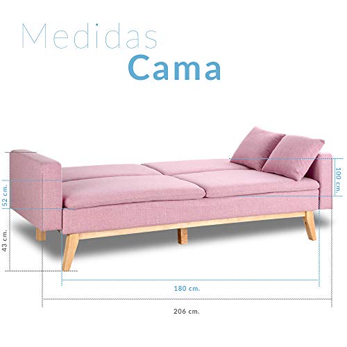 Don Descanso, Sofá Cama 3 plazas Reine, Tapizado en Tela, Color Rosa, Sistema Apertura de Libro o Clic-clac, Medida sofá: 206x74x83 cm, Medida Cama: 206x99x83 cm, Incluye 2 Cojines