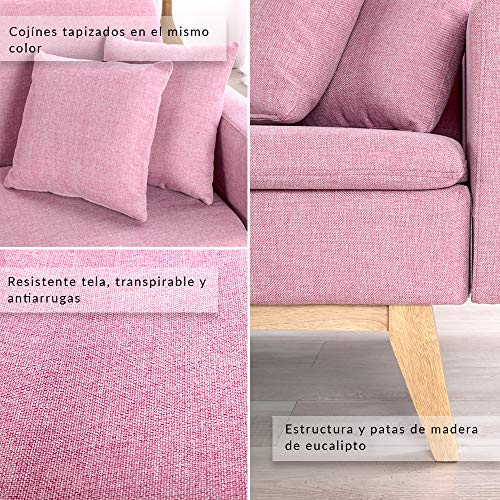 Don Descanso, Sofá Cama 3 plazas Reine, Tapizado en Tela, Color Rosa, Sistema Apertura de Libro o Clic-clac, Medida sofá: 206x74x83 cm, Medida Cama: 206x99x83 cm, Incluye 2 Cojines