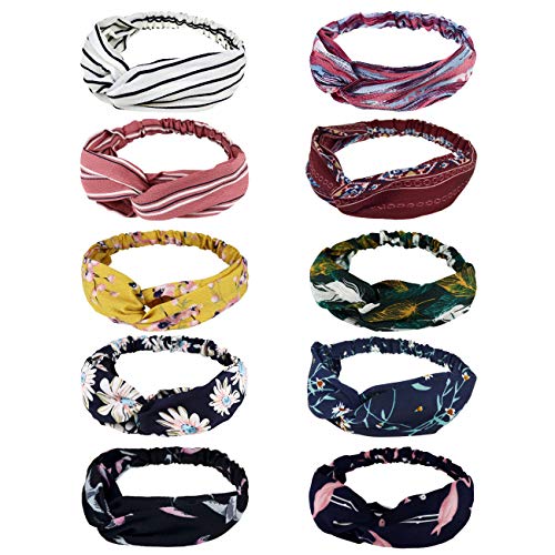 DRESHOW 10 PCS Boho Diademas para Mujeres Flor Vintage Impreso Criss Cross Anudado Elástico Banda para el Cabello Stretchy Head Wrap Twisted Accesorios