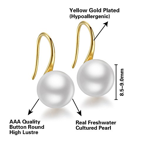 E.INFINITY Aretes de Perlas para Mujer, Plata Esterlina 925 AAA Joya de Pendiente de Perla Cultivada de Agua Dulce Colgante (Yellow Gold Entre 8,50 y 8,90 mm)