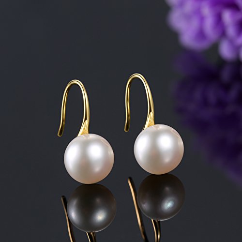 E.INFINITY Aretes de Perlas para Mujer, Plata Esterlina 925 AAA Joya de Pendiente de Perla Cultivada de Agua Dulce Colgante (Yellow Gold Entre 8,50 y 8,90 mm)