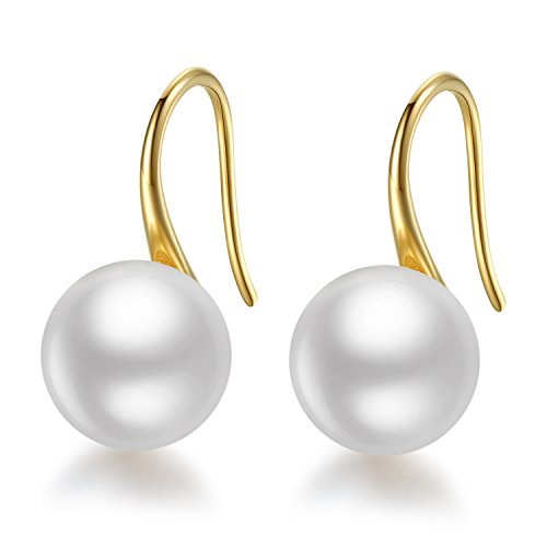 E.INFINITY Aretes de Perlas para Mujer, Plata Esterlina 925 AAA Joya de Pendiente de Perla Cultivada de Agua Dulce Colgante (Yellow Gold Entre 8,50 y 8,90 mm)