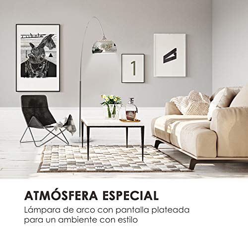 electronic star Besoa Nael Lámpara de Arco - Lámpara Decorativa, Pantalla Plateada, Base Robusta de mármol Blanco, Portalámparas E27, Cable de alimentación de 2 m, Blanco/Plateado