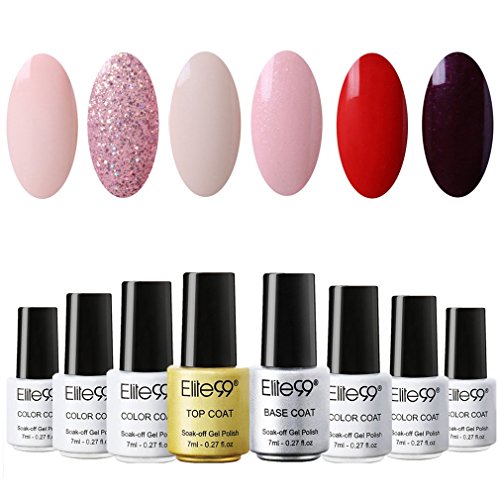 Elite99 8PCS Kit de Esmalte de Uñas de Gel UV LED Color Semipermanente con Base Coat Top Coat Manicura y Pedicura - C002