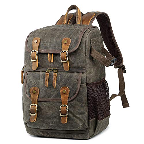 ENLAZY Large Capacity Waterproof Oil Wax Canvas Camera Bag Outdoor Camera Bag SLR Photography Bag Digital Backpack for Men and Women Outdoor Travel Hiking, Military Green