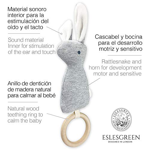 Eslesgreen Sonajero Mordedor Peluche Conejito - Anillo de Dentición - Algodón Orgánico -Regalo Bebé