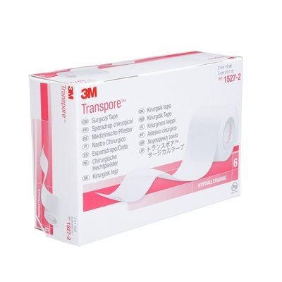 Esparadrapo quirúrgico Transpore de 3M, hipoalergénico, color blanco, 5 cm x 9,1 m, pack de 6