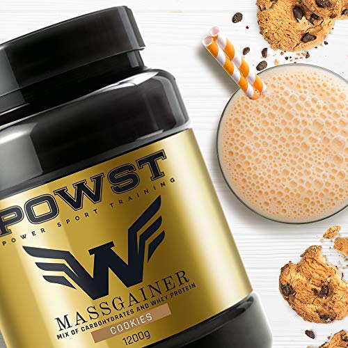 Estimulador Muscular, Suplemento Deportivo para Aumento de Masa Muscular con BCAA aminoacidos, Vitaminas y Minerales, 1,2Kg (Sabor Cookies) Ganador de Peso, Mass Gainer POWST