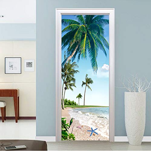 Etiqueta De Puerta Baño Autoadhesivo Del Restaurante Del Paisaje De La Palma De Coco De La Playa 3D Fotomurales Pared Home Decoración