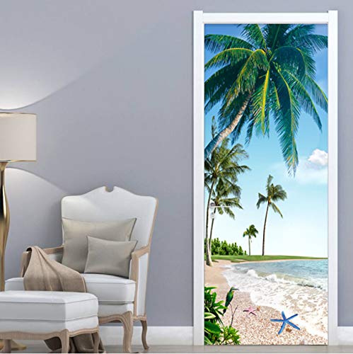 Etiqueta De Puerta Baño Autoadhesivo Del Restaurante Del Paisaje De La Palma De Coco De La Playa 3D Fotomurales Pared Home Decoración