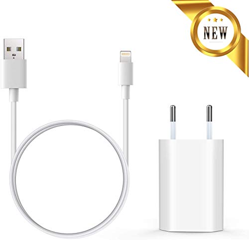 Everdigi Cargador Enchufe Adaptador USB + Cable de Carga para iPhone 5 6 S 7 8 X S Plus (1m) (Blanco)