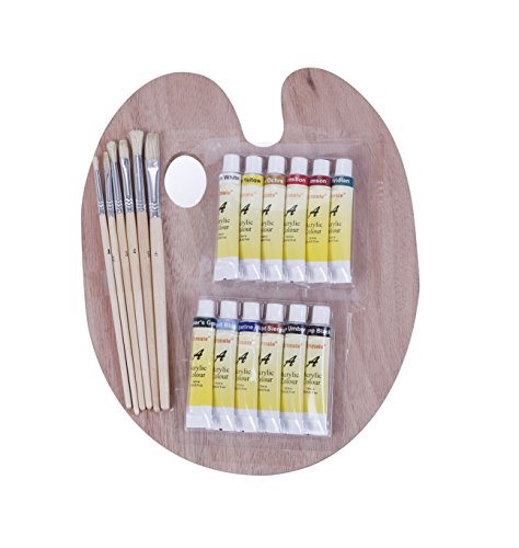 Exerz CE0017 Set de Paleta y Pinceles - 6 Pinceles - 12 Pinturas Acrílicas no Tóxicas de 12ml - Paleta de Madera/Todo en Uno