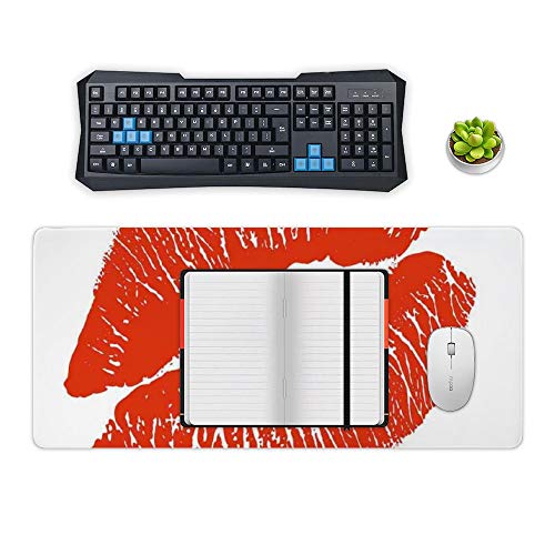 Extended Gaming Mouse Pad with Stitched Edges Large Keyboard Mat Non-Slip Rubber Base of Lips Kiss Mark on White Background Seductive Trace with Grunge Display Desk Pad for Gamer Office 16x35 Inch