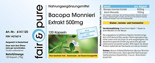 Extracto de Bacopa Monnieri 500 mg - Polvo de Brahmi en Cápsulas - 20% de Bacósidos - Vegano - Alta pureza - 120 Cápsulas