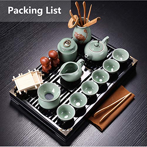 fanquare Kung Fu Juego de Té de Cerámica Chino con Bandeja y Pequeñas Herramientas de Té, Tazas de Té Ge Yao, Verde Claro