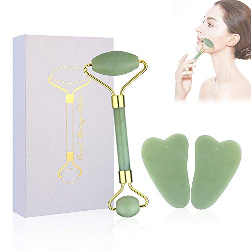 feihao Rodillo de Jade,Rodillo De Jade Roller Face,Facial Masaje Piedra Gua Sha Jade Anti Aging para Cara,Ojos,Cuello y Cuerpo(3pcs)