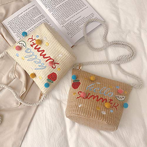 FENICAL Bolsa de paja Bolsa de playa para el verano Bolsa de mensajero pequeña con Pom Pom para mujeres niñas (Caqui)