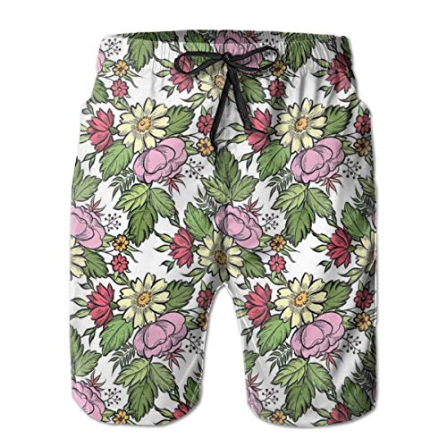 FGHJKL Men Swim Trunks Beach Shorts,Pastel Toned Lily Dahlia Frangipani Bouquet Essence of Nature Pattern M