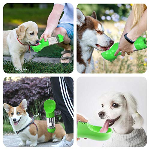 Fimghsoo Botella de Agua para Perro Botellas para Perros Portatil Dispensador de Botella de Agua 300 ml con Dog Poo Bag & Pala Pequeña (Verde)