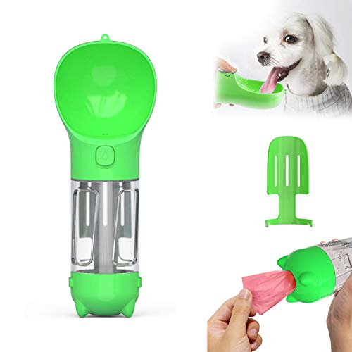 Fimghsoo Botella de Agua para Perro Botellas para Perros Portatil Dispensador de Botella de Agua 300 ml con Dog Poo Bag & Pala Pequeña (Verde)