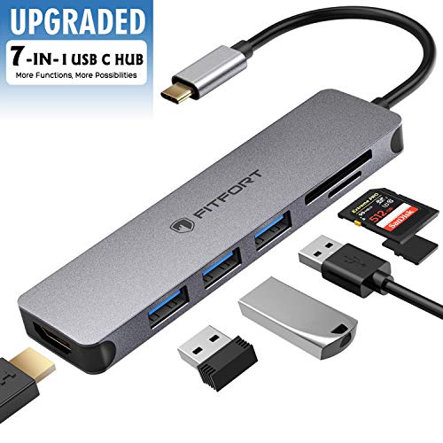 FITFORT Hub USB C - 7 En 1 USB C Adaptador a HDMI 4K, 3 Puertos USB 3.0, SD/Micro SD Lector Tarjeta, USB C Hub Tipo C para MacBook Pro, Chromebook, XPS y Otros Dispositivos - Gris Espacial