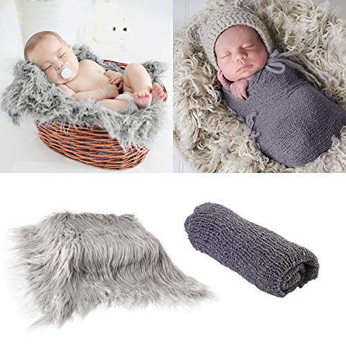 Fondo de fotografía de bebé recién nacido Alfombra de alfombra y manta de ondulación larga Swaddle Wraps para bebés y niños DIY Photo Props (Grey Blanket+dark Grey Wrap)